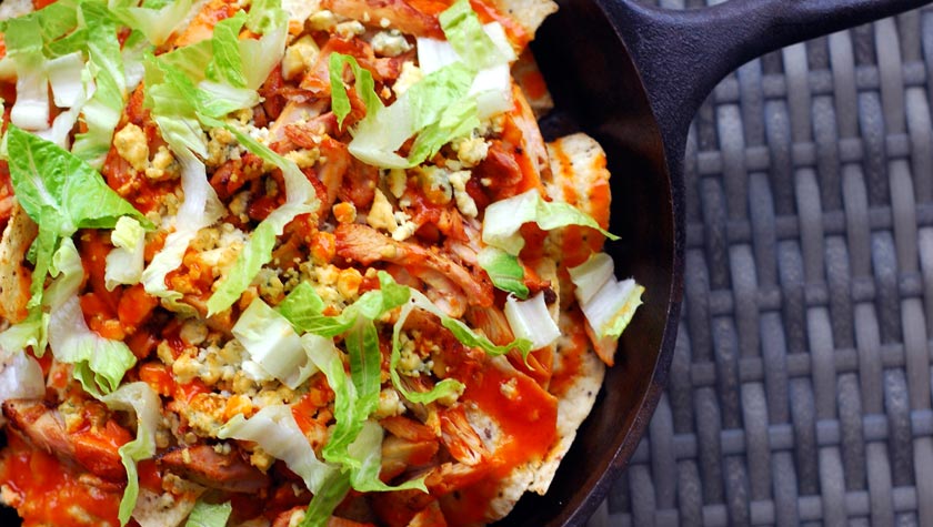 BUFFALO CHICKEN & BLUE CHEESE SKILLET NACHOS