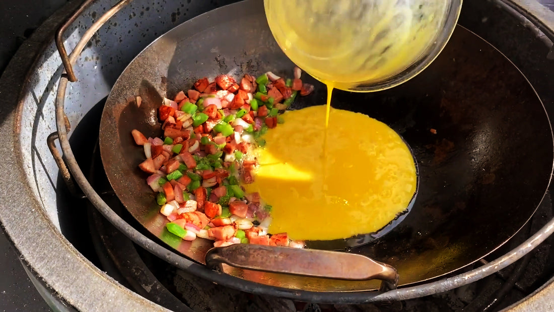 Breakfast Scramble in a Wok on the Big Green Egg