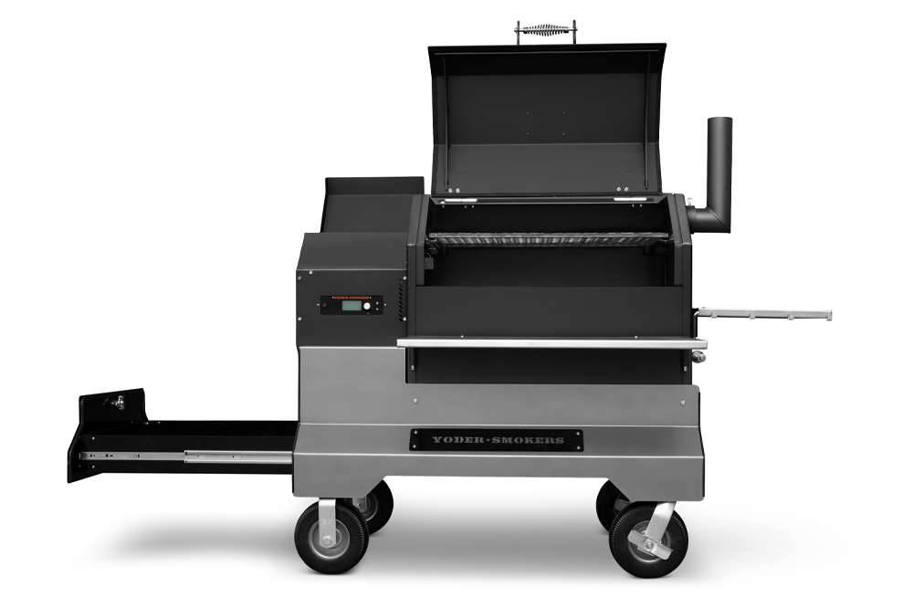 Yoder Smokers YS640s Pellet Grill on Competition Cart w/ Storage Drawer (Black) + T-Stat Door Kit & Stainless Side Shelves