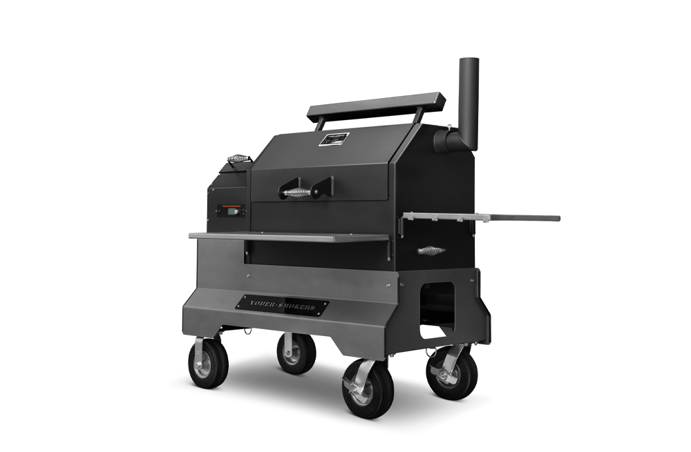 Yoder Smokers YS640s Pellet Grill on Competition Cart w/ Storage Drawer (Black) + T-Stat Door Kit & Stainless Side Shelves