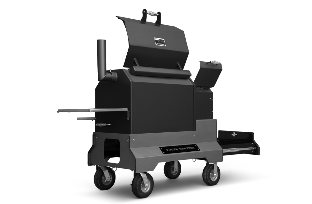 Yoder Smokers YS640s Pellet Grill on Competition Cart w/ Storage Drawer (Black) + T-Stat Door Kit & Stainless Side Shelves