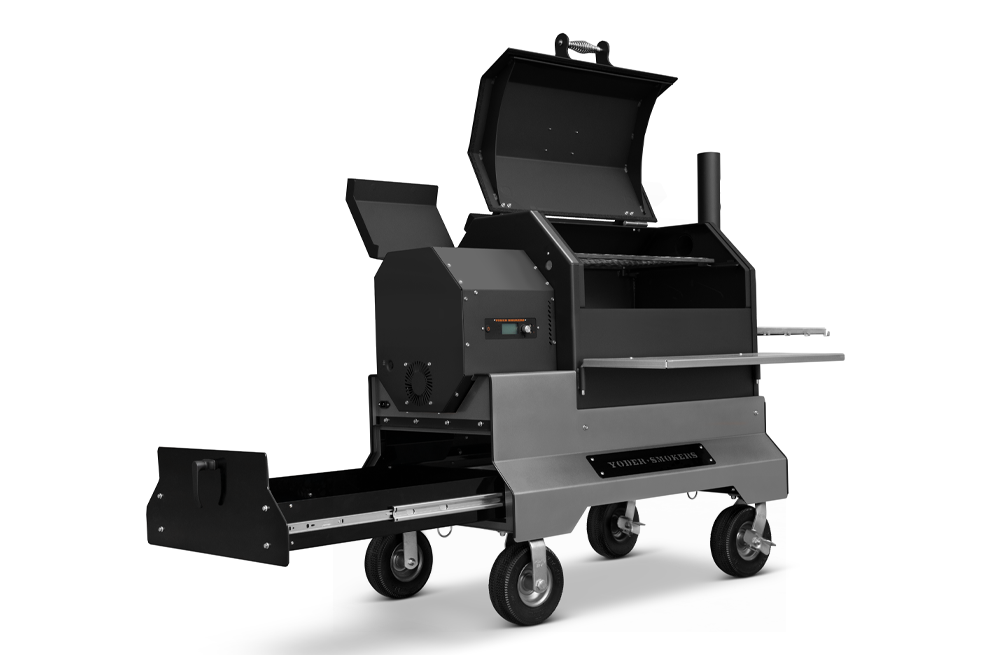 Yoder Smokers YS640s Pellet Grill on Competition Cart w/ Storage Drawer (Black) + T-Stat Door Kit & Stainless Side Shelves