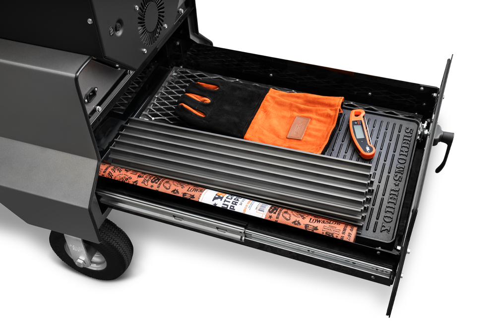 Yoder Smokers YS640s Pellet Grill on Competition Cart w/ Storage Drawer (Black) + T-Stat Door Kit & Stainless Side Shelves