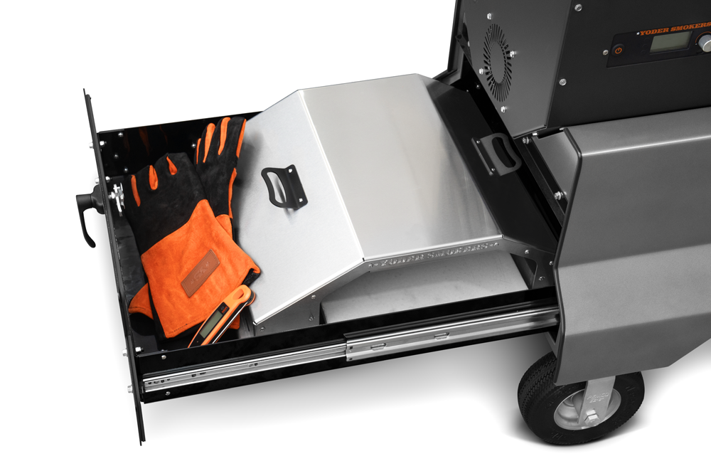 Yoder Smokers YS640s Pellet Grill on Competition Cart w/ Storage Drawer (Black) + T-Stat Door Kit & Stainless Side Shelves