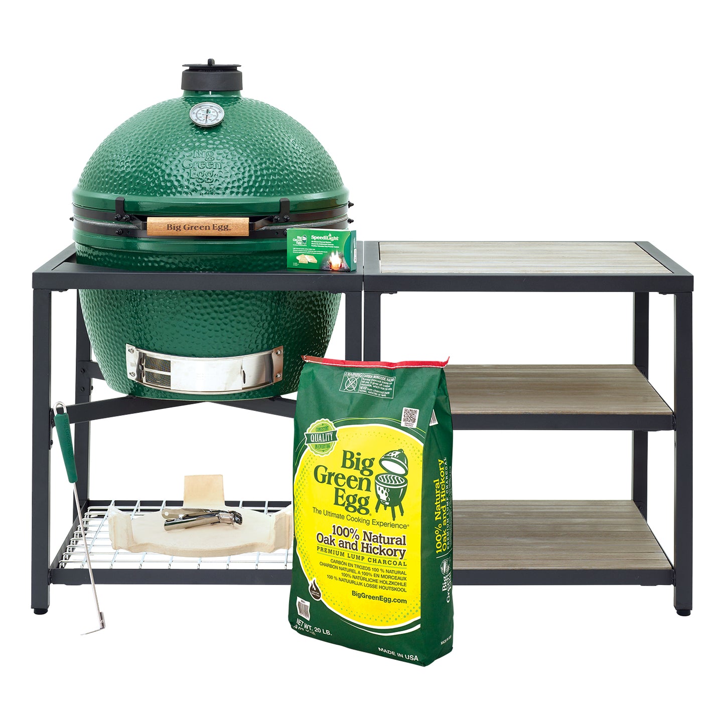 XL Big Green Egg + Modular Nest + Expansion Package- (3) Acacia or (3) Distressed Acacia