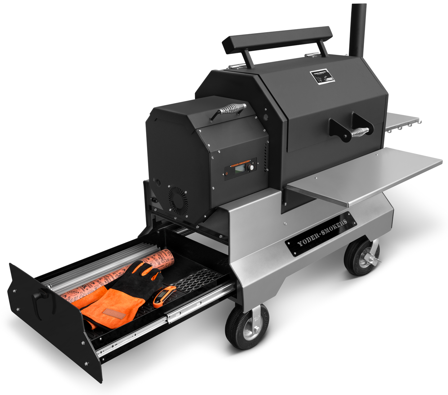 Yoder Smokers YS640s Pellet Grill on Competition Cart w/ Storage Drawer (Black) + T-Stat Door Kit & Stainless Side Shelves