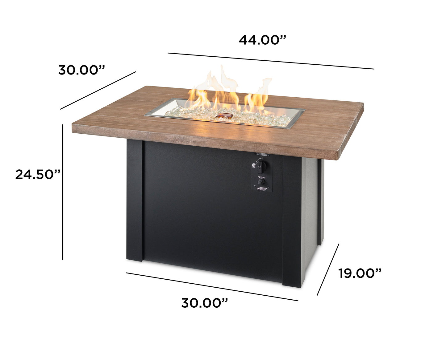 Havenwood Rectangular Gas Fire Pit Table with Driftwood Top & Luverne Black Base w/ Glass Guard HWADB-1224-K/GG-1224