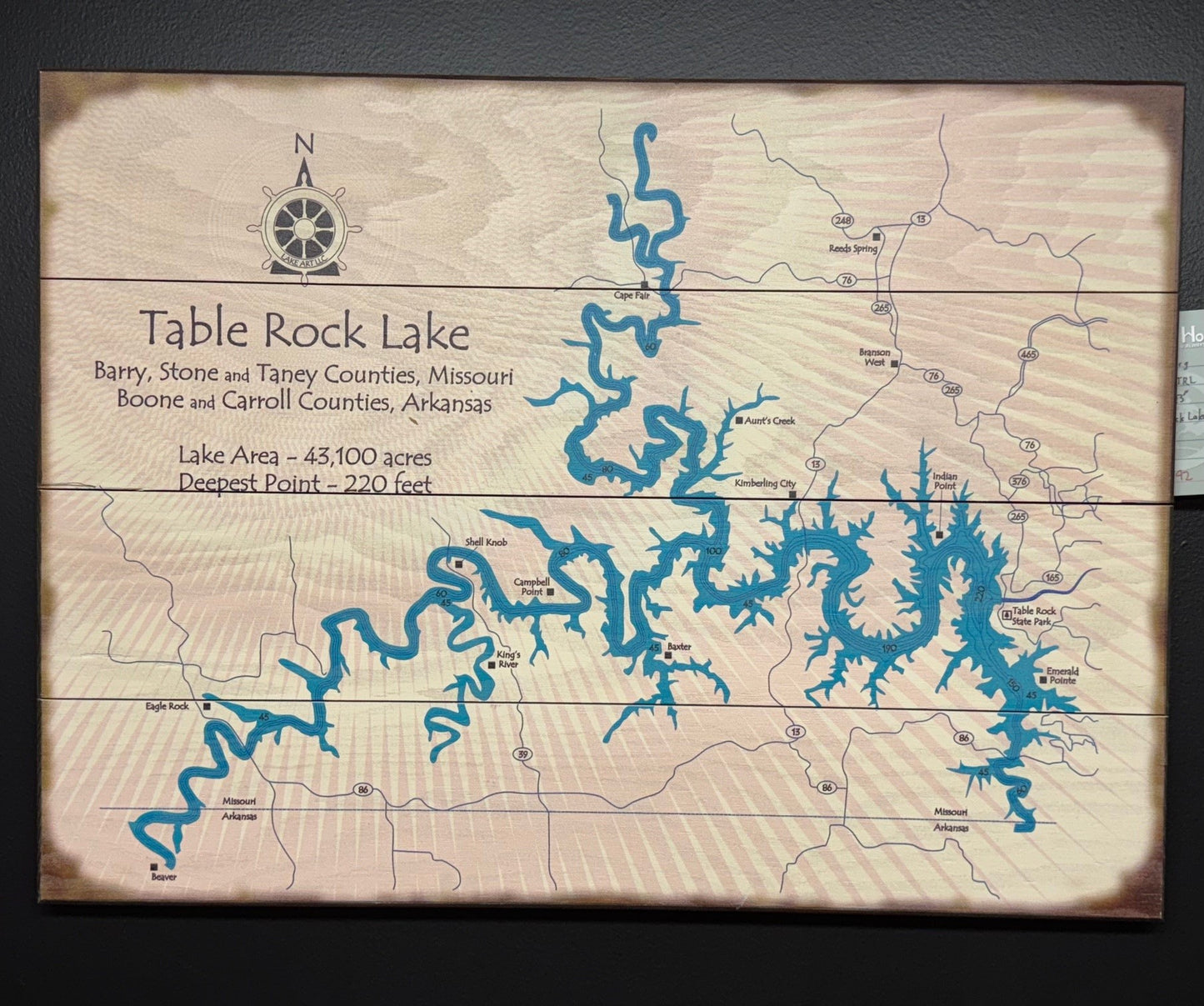 Meissenburg 17" x 23" Table Rock Lake Map Sign (Wood)