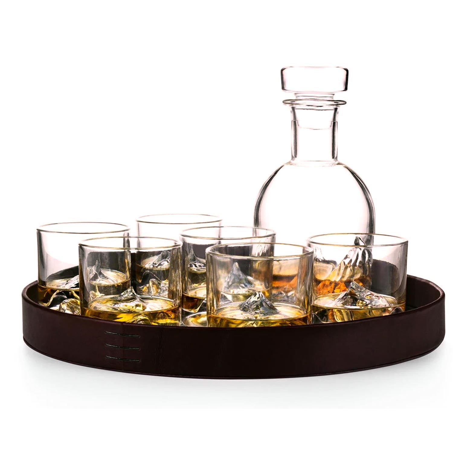 Everest Luxury Crystal Whiskey Glasses, Decanter, Leather Tray & Coasters Set - LIITON