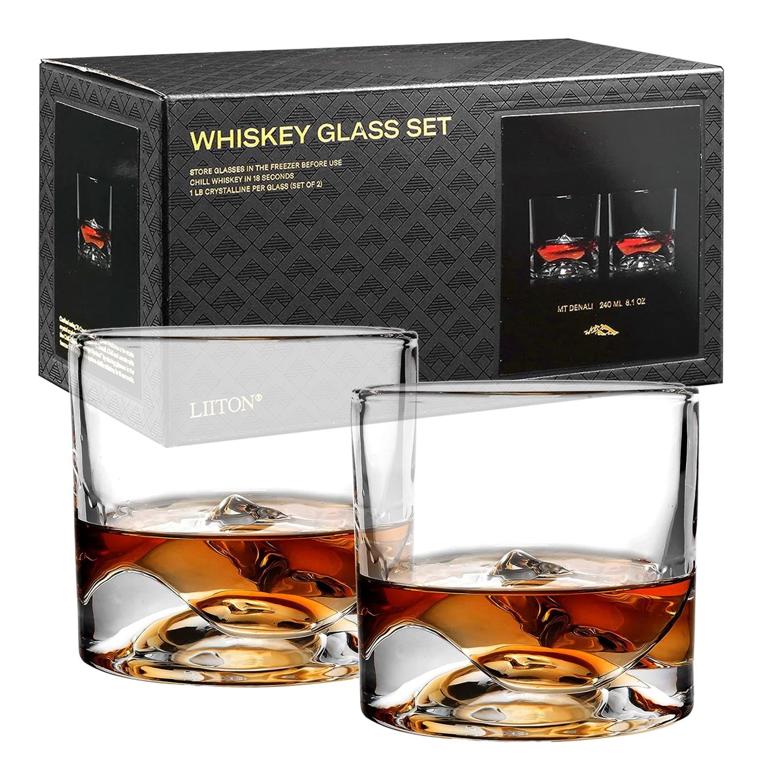 Mount Denali Crystal Bourbon Whiskey Glasses - Set of 2 - LIITON