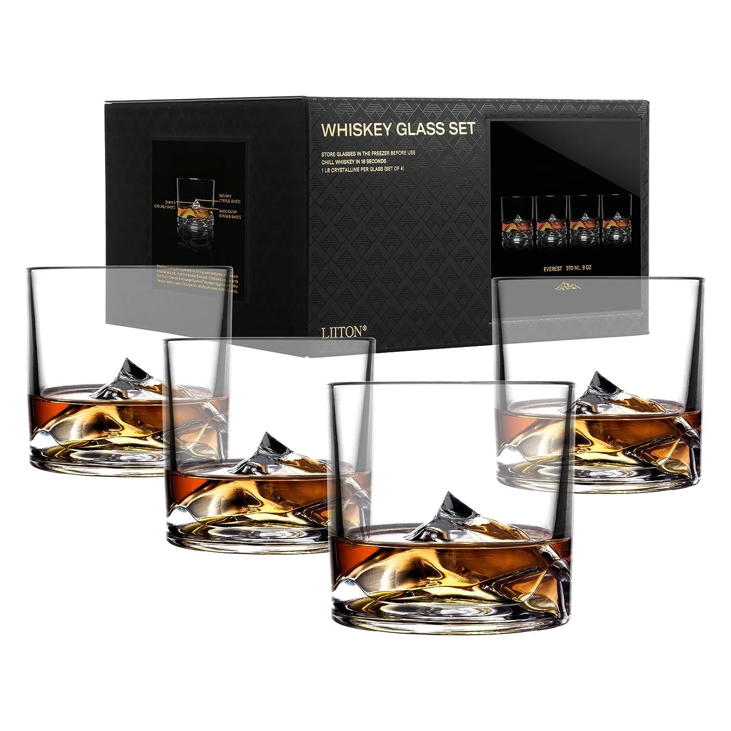 Mount Everest Crystal Bourbon Whiskey Glasses - Set of 4 - LIITON
