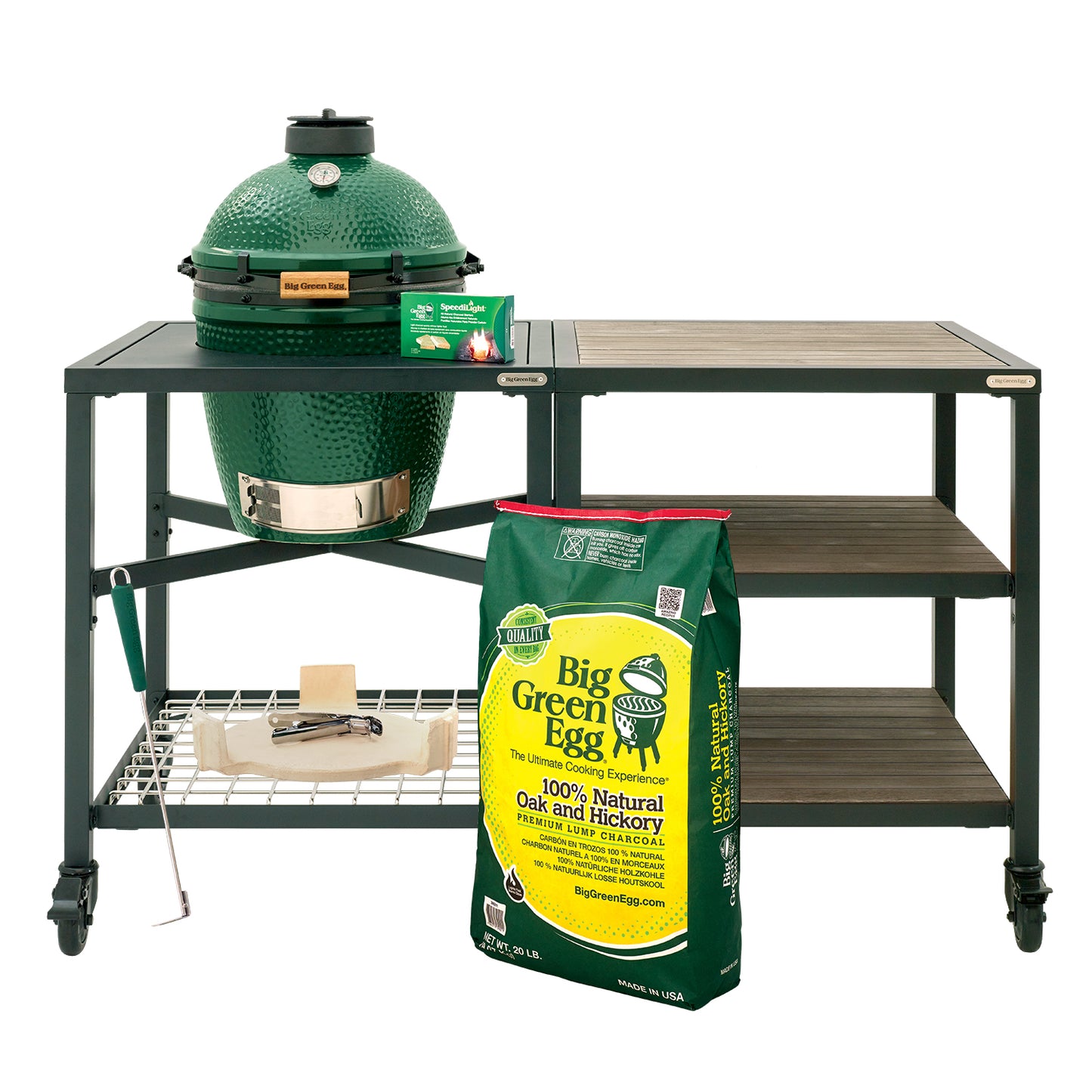 Medium Big Green Egg + Modular Nest + Expansion Package- (3) Acacia or (3) Distressed Acacia
