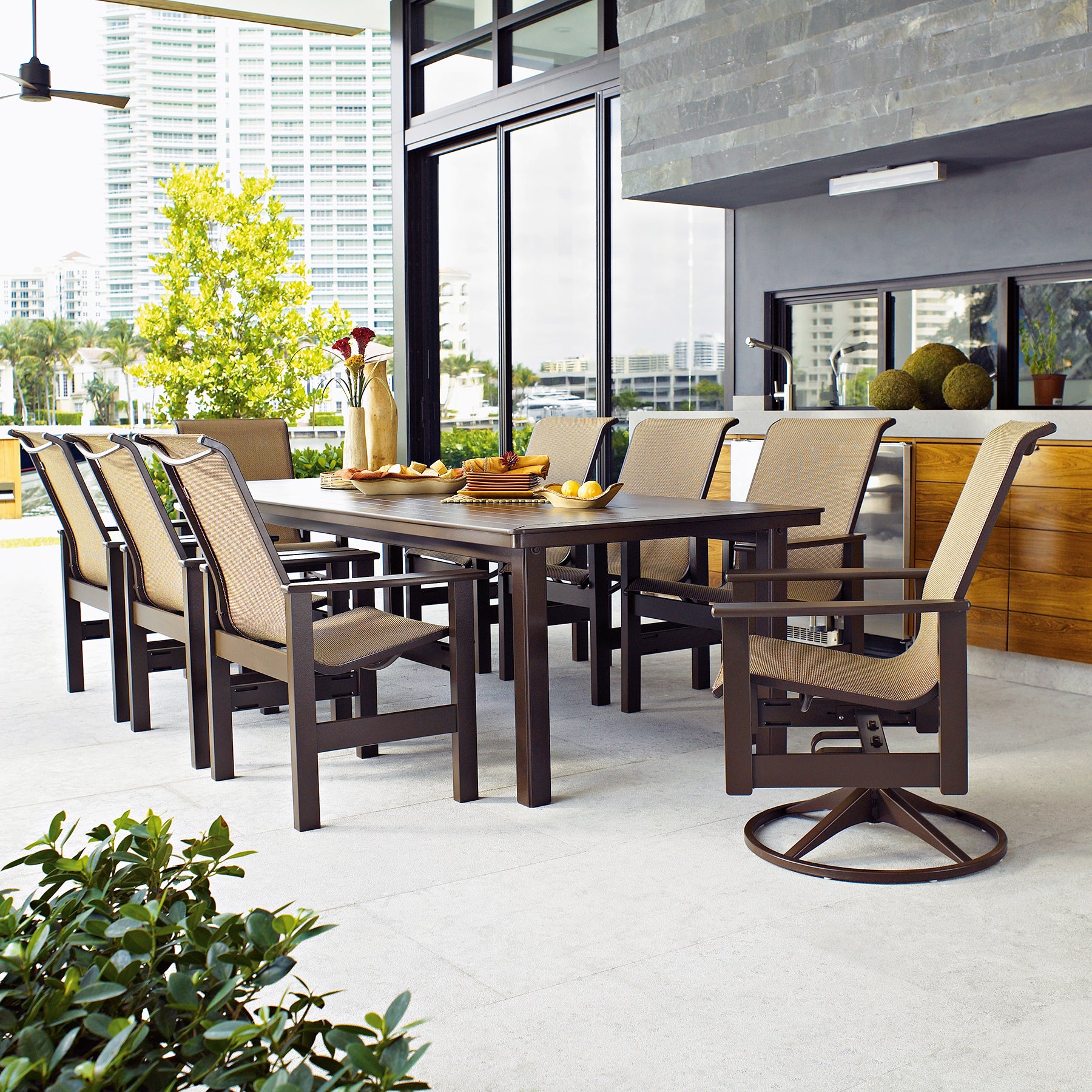 Telescope Casual Outdoor Sling Patio Furniture Brown Dining Set