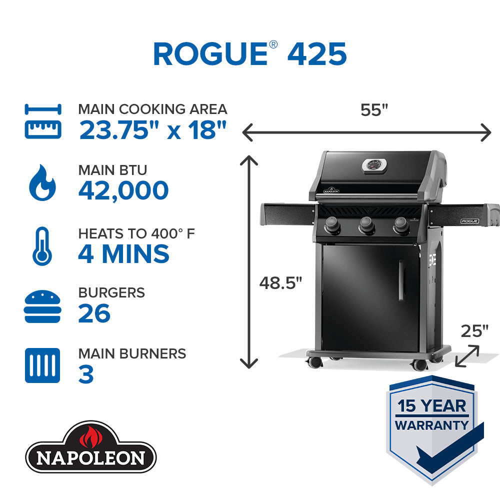 Napoleon Rogue 425 Gas BBQ Grill (Black) w/ Stainless Steel Grids 3-Burner