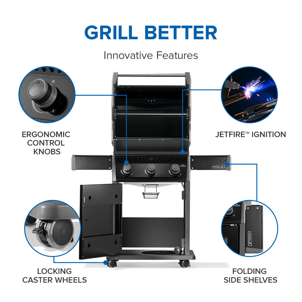 Napoleon Rogue 425 Gas BBQ Grill (Black) w/ Stainless Steel Grids 3-Burner