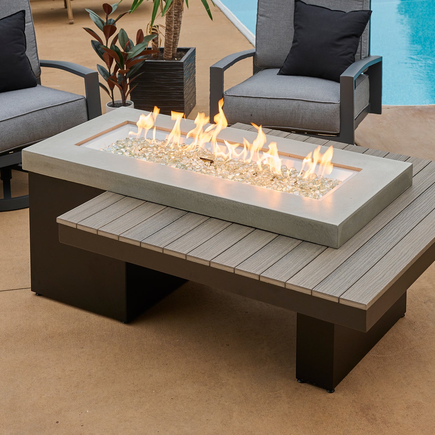 Uptown Coastal Grey Linear Gas Fire Pit Table w/ Glass Guard UPT-1242-CGR/GG-1242