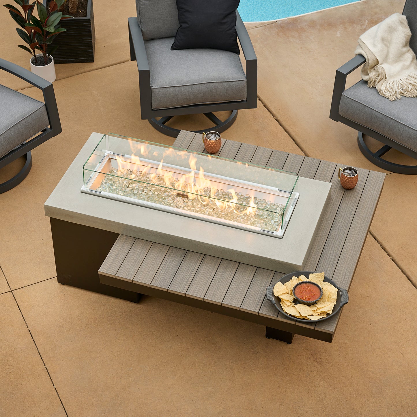 Uptown Coastal Grey Linear Gas Fire Pit Table w/ Glass Guard UPT-1242-CGR/GG-1242