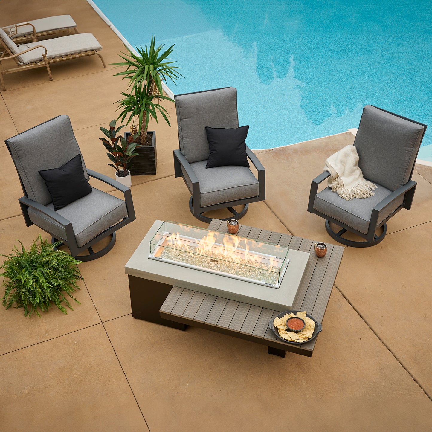 Uptown Coastal Grey Linear Gas Fire Pit Table w/ Glass Guard UPT-1242-CGR/GG-1242