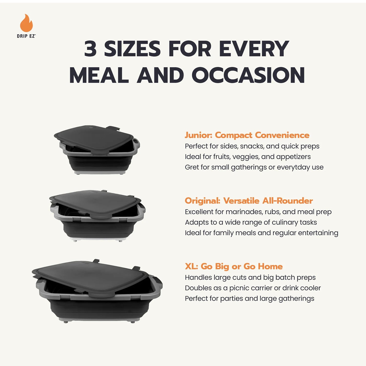 3 sizes for every meal and occasion drip ez bbq food prep tubs