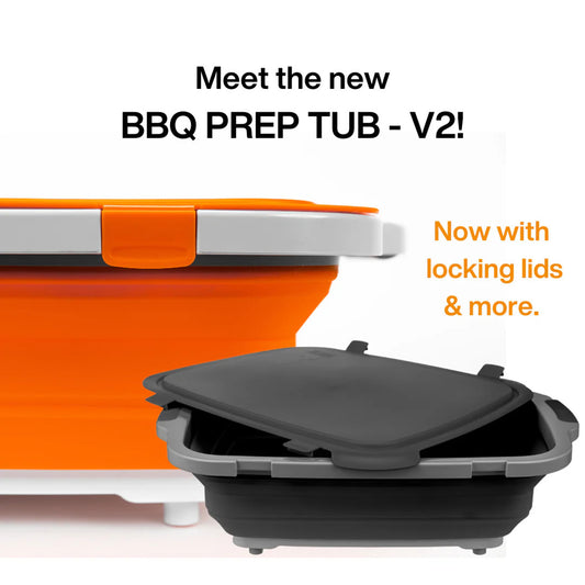 Orange and gray BBQ Prep Tub V2 with text highlighting features on a white background