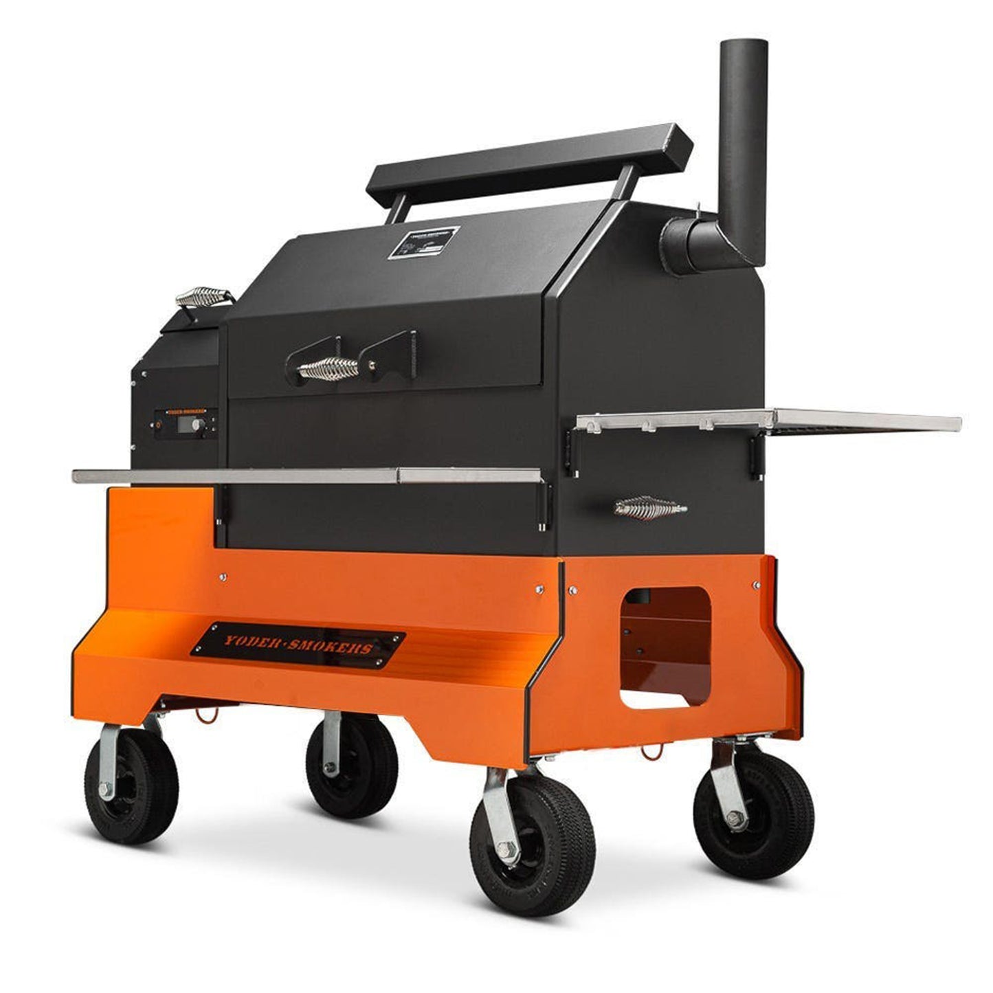 Yoder Smokers YS640s Pellet Grill on Competition Cart (Orange) + T-Stat Door Kit & Stainless Side Shelves