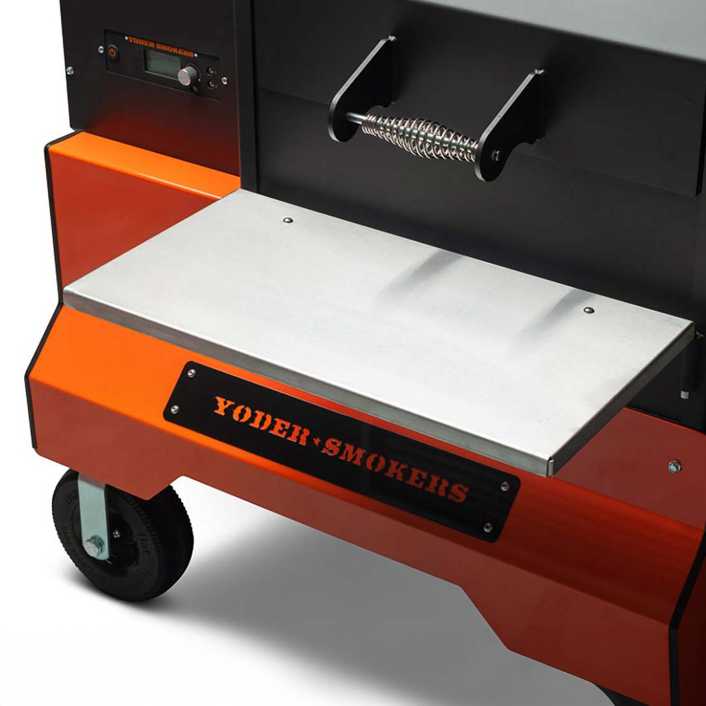 Yoder Smokers YS640s Pellet Grill on Competition Cart (Orange) + T-Stat Door Kit & Stainless Side Shelves
