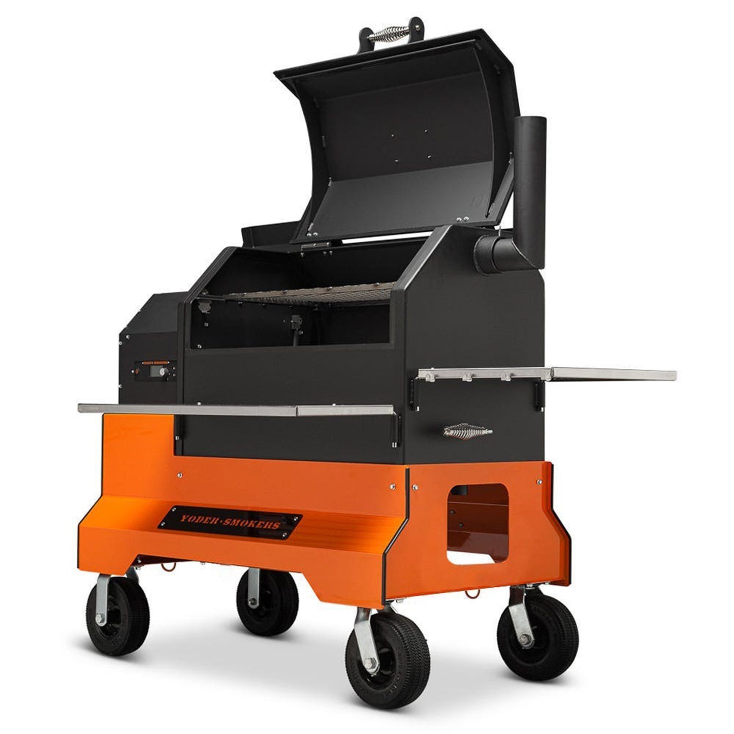 Yoder Smokers YS640s Pellet Grill on Competition Cart (Orange) + T-Stat Door Kit & Stainless Side Shelves