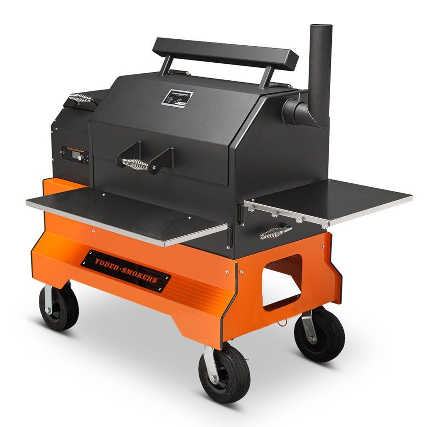 Yoder Smokers YS640s Pellet Grill on Competition Cart (Orange) + T-Stat Door Kit & Stainless Side Shelves