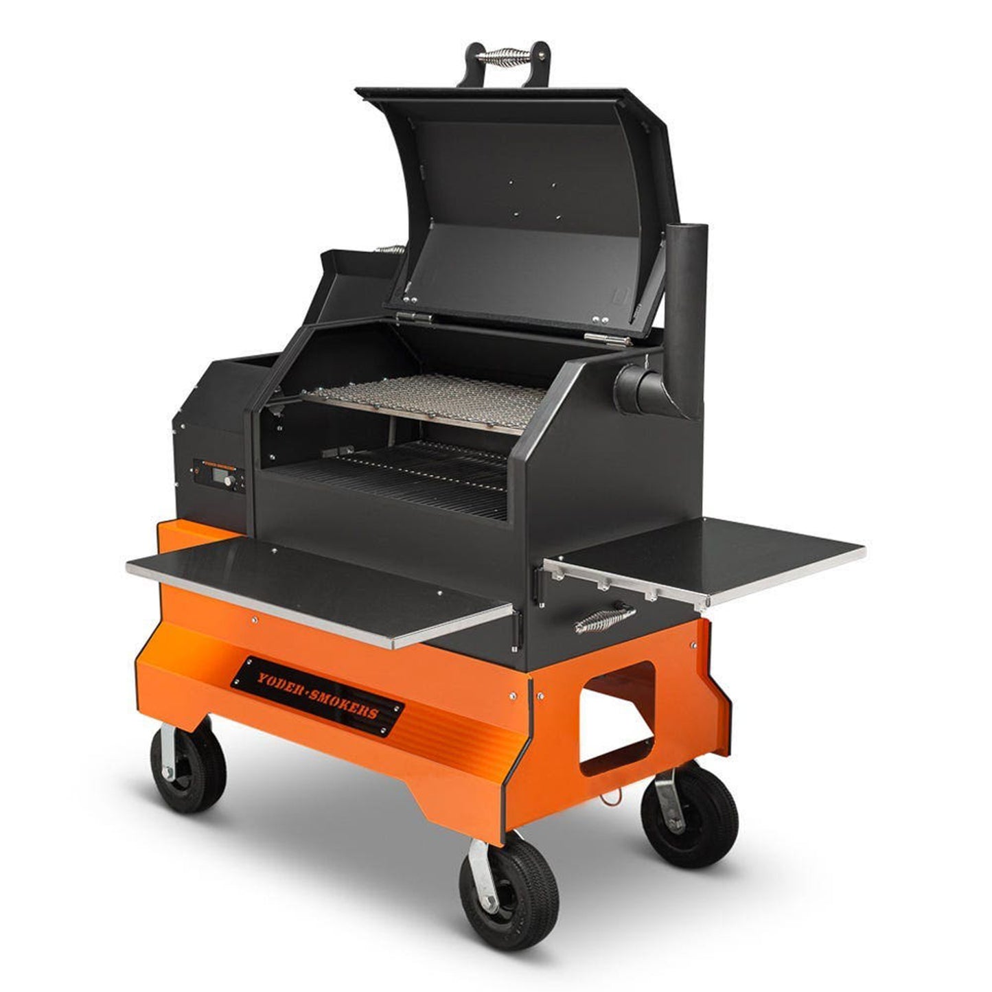 Yoder Smokers YS640s Pellet Grill on Competition Cart (Orange) + T-Stat Door Kit & Stainless Side Shelves
