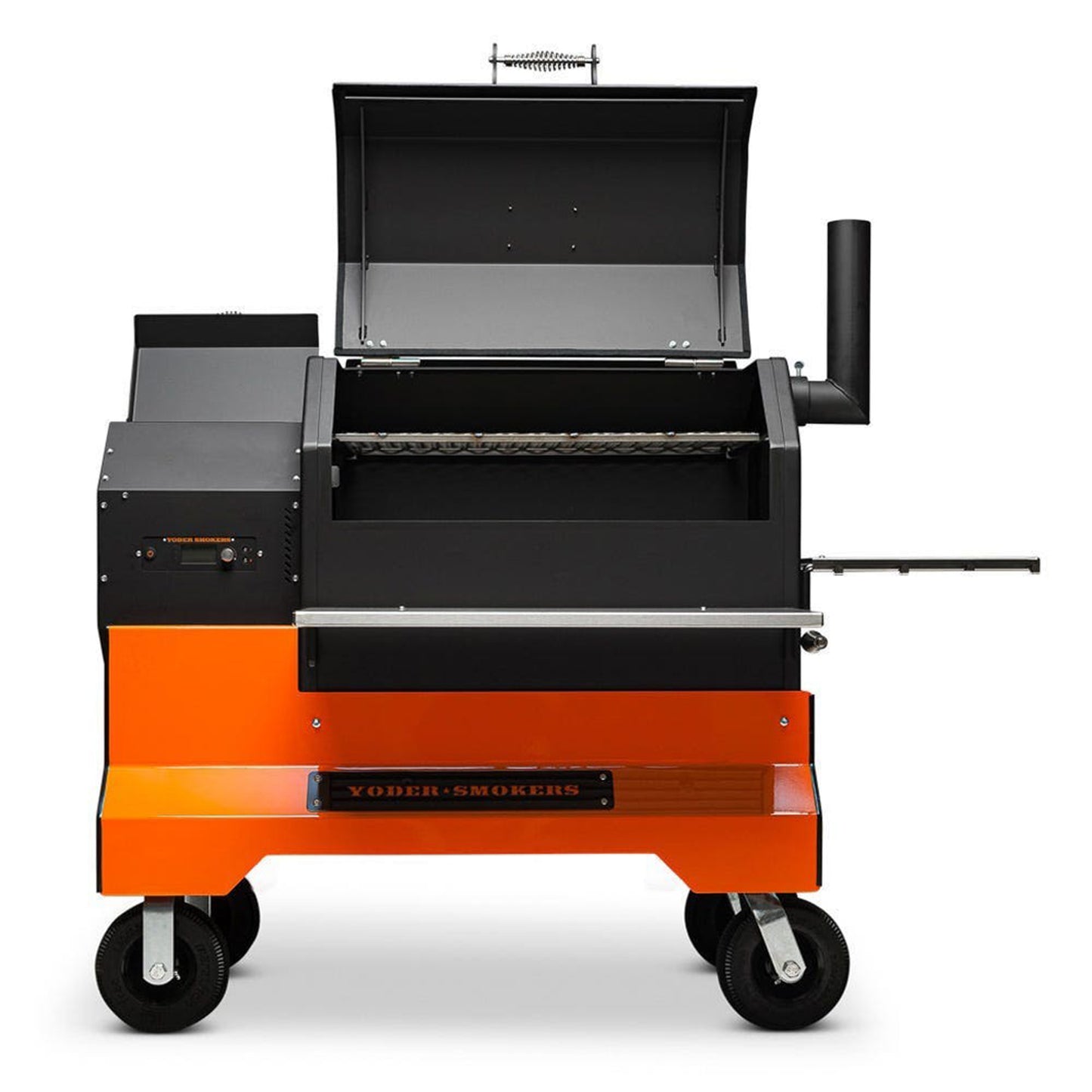 Yoder Smokers YS640s Pellet Grill on Competition Cart (Orange) + T-Stat Door Kit & Stainless Side Shelves