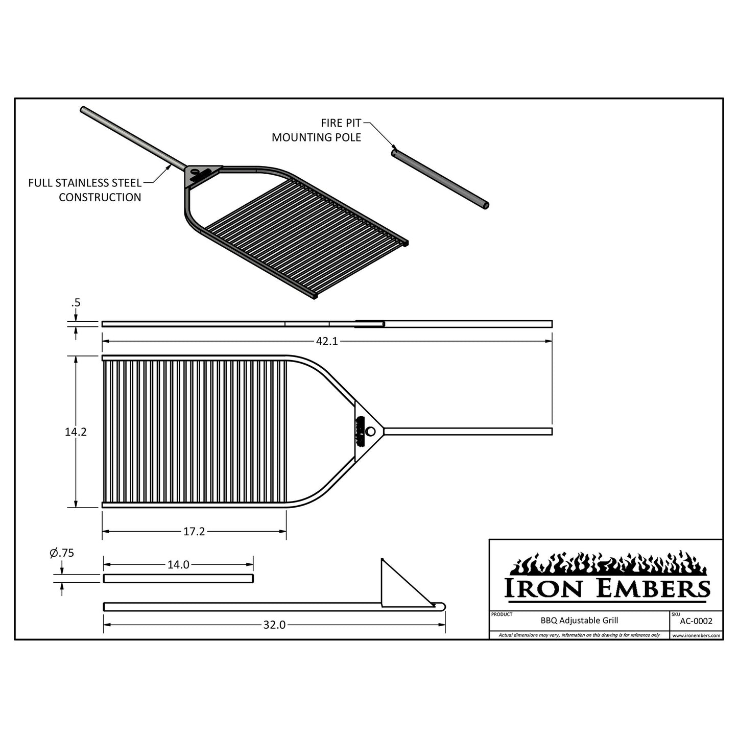 Iron Embers Adjustable BBQ Grill (Stainless Steel)