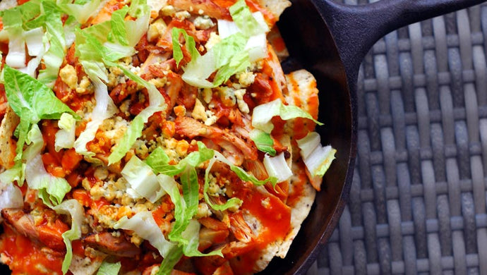 BUFFALO CHICKEN & BLUE CHEESE SKILLET NACHOS