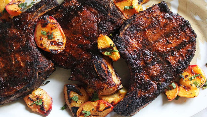 ANCHO CHILI PORK CHOPS with CARAMELIZED PEACHES