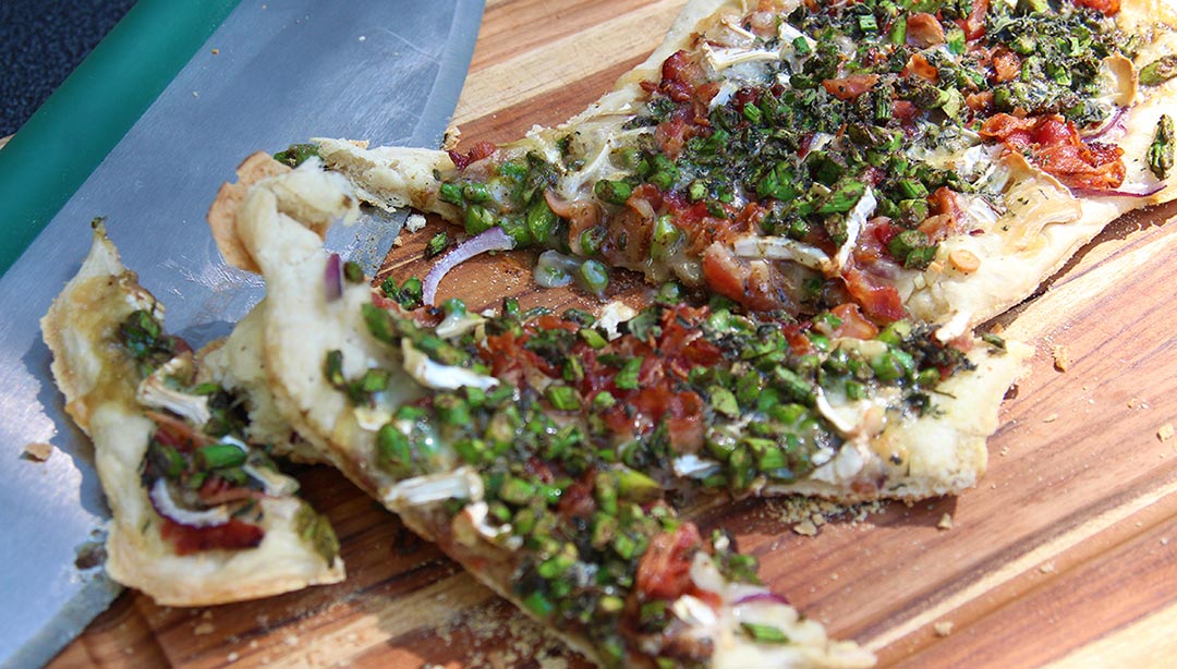 SHAVED ASPARAGUS WITH BRIE AND BACON FLAT BREAD