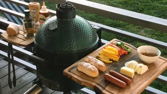 Bourbon-Glazed Hot Links with Peppers & Onions on the Big Green Egg