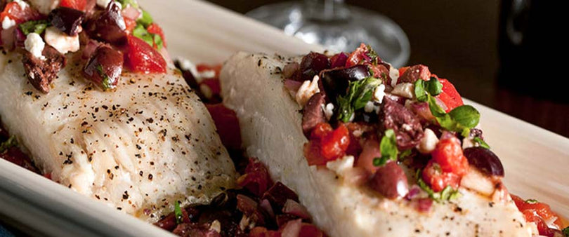 ROASTED HALIBUT WITH GREEK RELISH