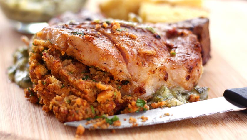 STUFFED PORK CHOPS w/ POBLANO CREAM SAUCE