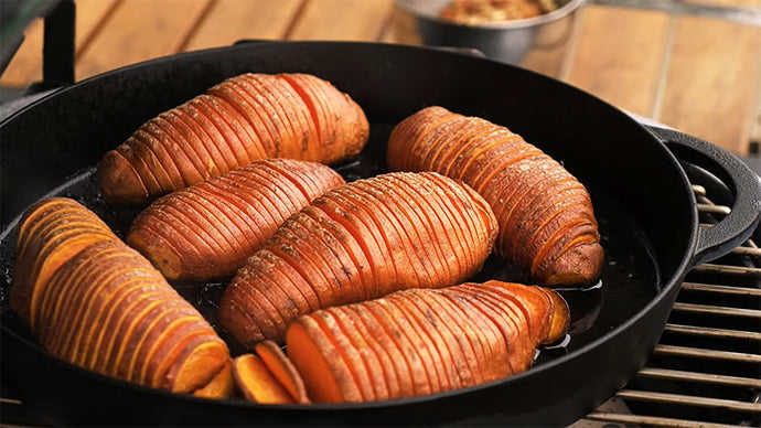 Hasselback Sweet Potatoes Roasted on the Big Green Egg