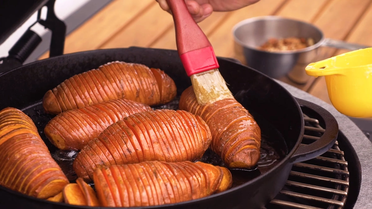Hasselback Sweet Potatoes Roasted on the Big Green Egg Outdoor Home