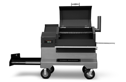 Yoder Smokers YS640s Pellet Grill on Competition Cart w/ Storage Drawer (Black) + T-Stat Door Kit & Stainless Side Shelves