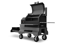 Load image into Gallery viewer, Yoder Smokers YS640s Pellet Grill on Competition Cart w/ Storage Drawer (Black) + T-Stat Door Kit &amp; Stainless Side Shelves
