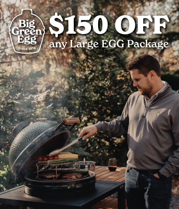 Man grilling outdoors with Big Green Egg branding and promotional text overlay.