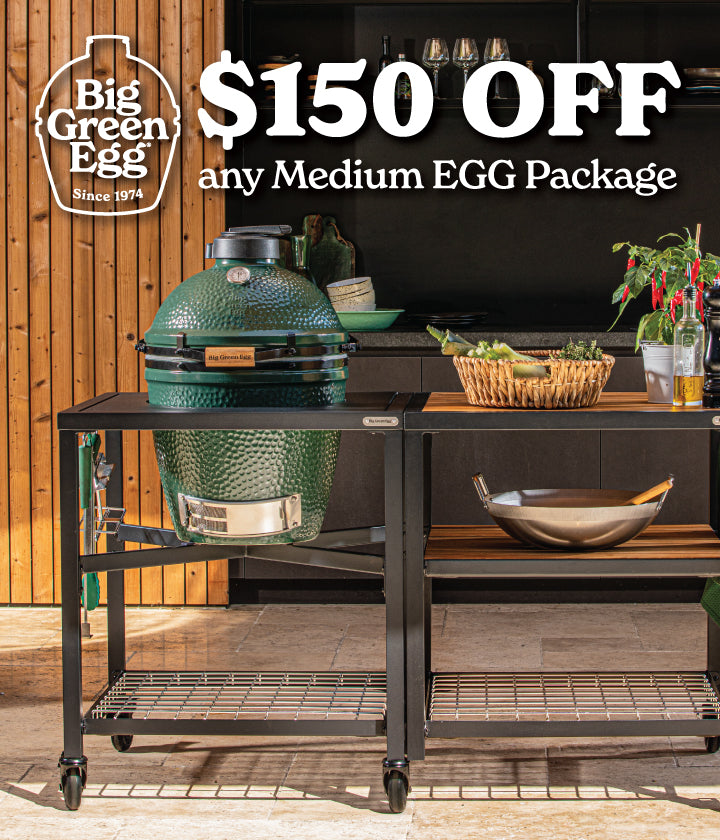 Big Green Egg grill on a cart with promotional text for a discount offer.