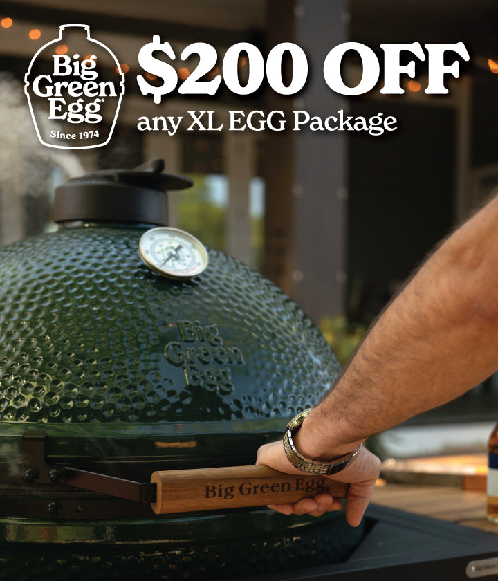 Big Green Egg grill with a person holding a tool, promotional text overlay for $200 off XL EGG Package.