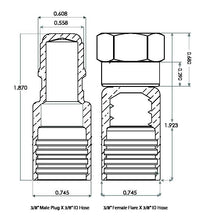 Load image into Gallery viewer, 10ft 3/8&quot; Male QD Plug X 3/8&quot; Female Flare Swivel Plug w/ SS Overbraid
