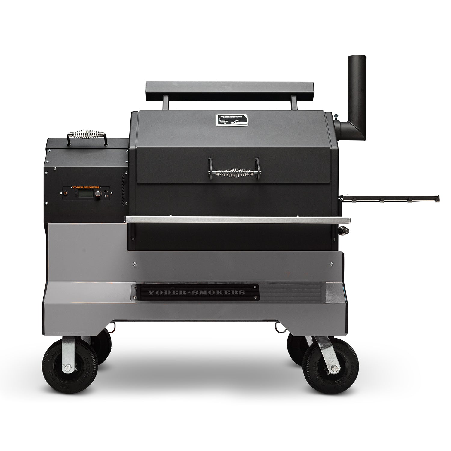 Yoder Smokers YS640s Pellet Grill on Competition Cart (Silver) + T-Stat Door Kit & Stainless Side Shelves