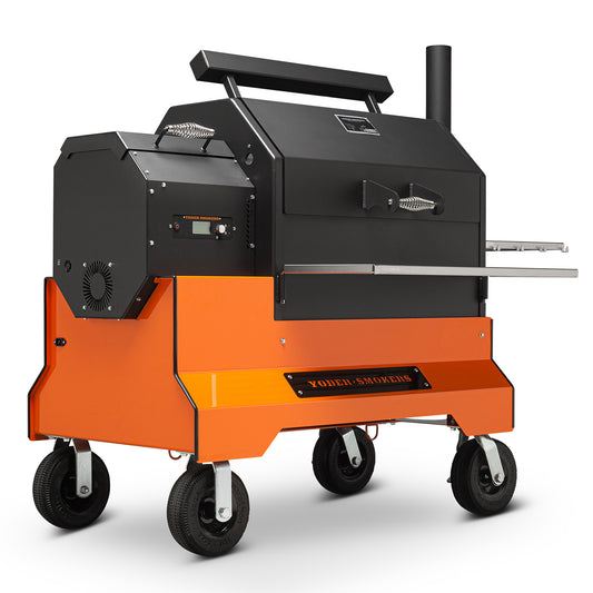 Yoder Smokers YS640s Pellet Grill on Competition Cart (Orange) + T-Stat Door Kit & Stainless Side Shelves