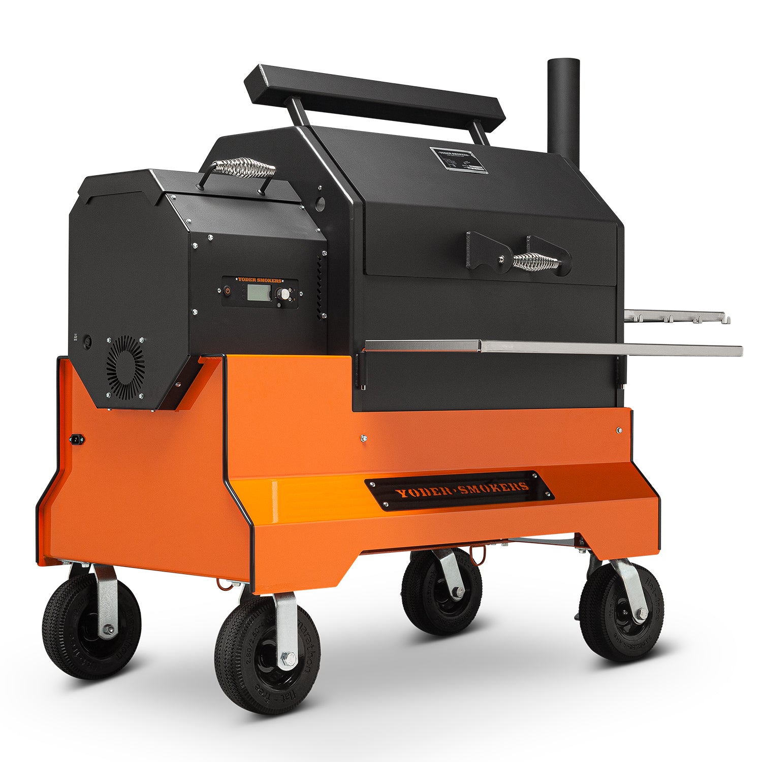 Yoder Smokers YS640s Pellet Grill on Competition Cart (Orange) + T-Stat Door Kit & Stainless Side Shelves