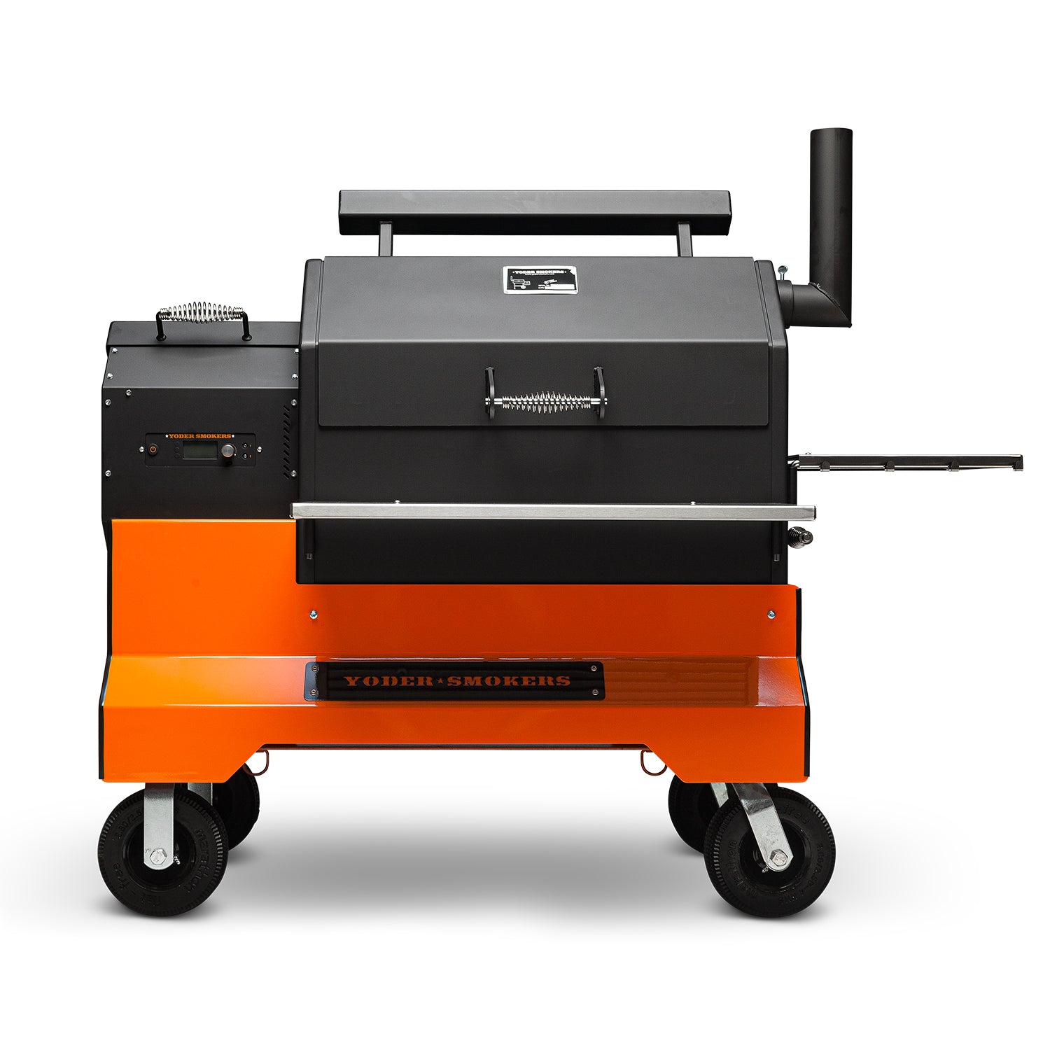 Yoder Smokers YS640s Pellet Grill on Competition Cart (Orange) + T-Stat Door Kit & Stainless Side Shelves