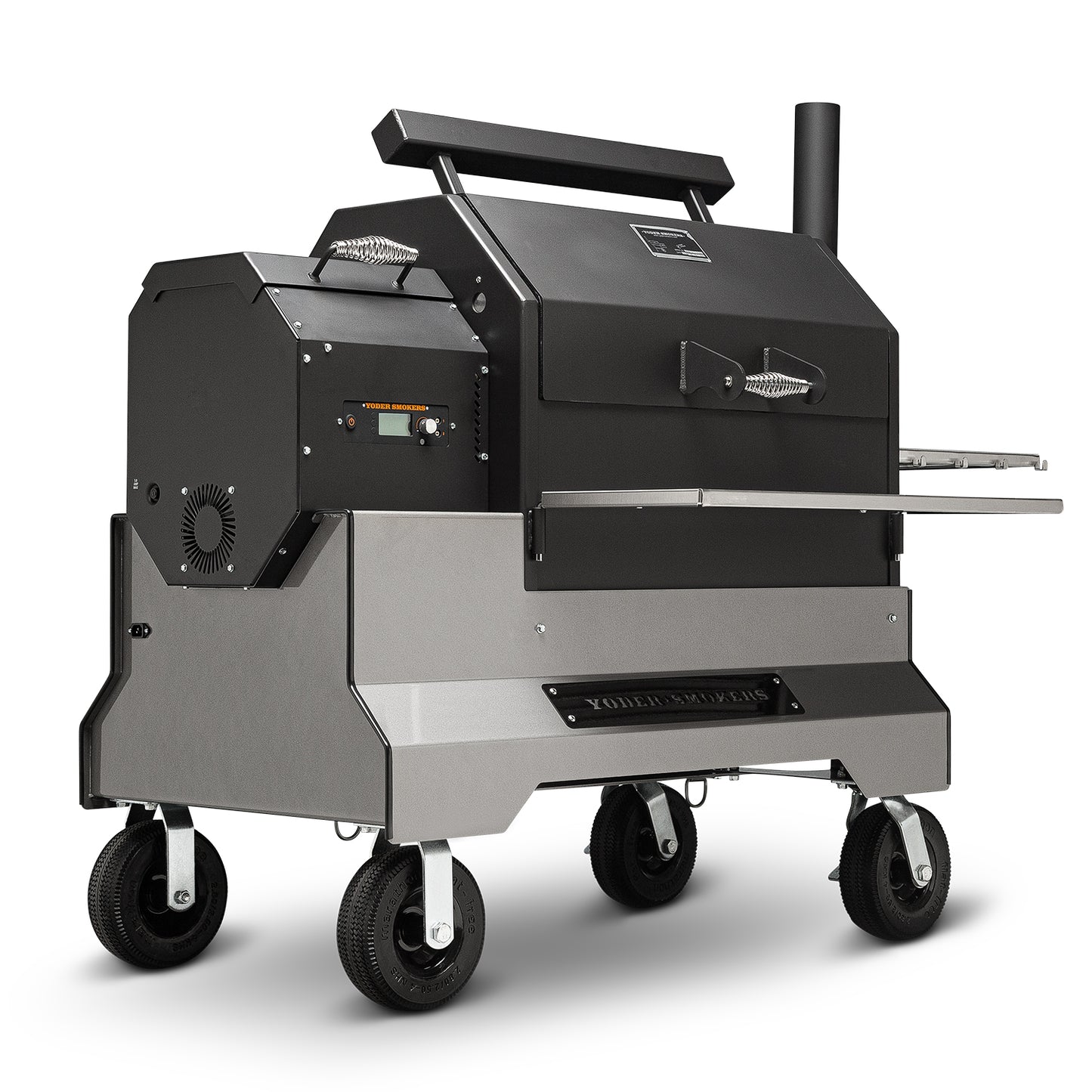 Yoder Smokers YS640s Pellet Grill on Competition Cart (Silver) + T-Stat Door Kit & Stainless Side Shelves